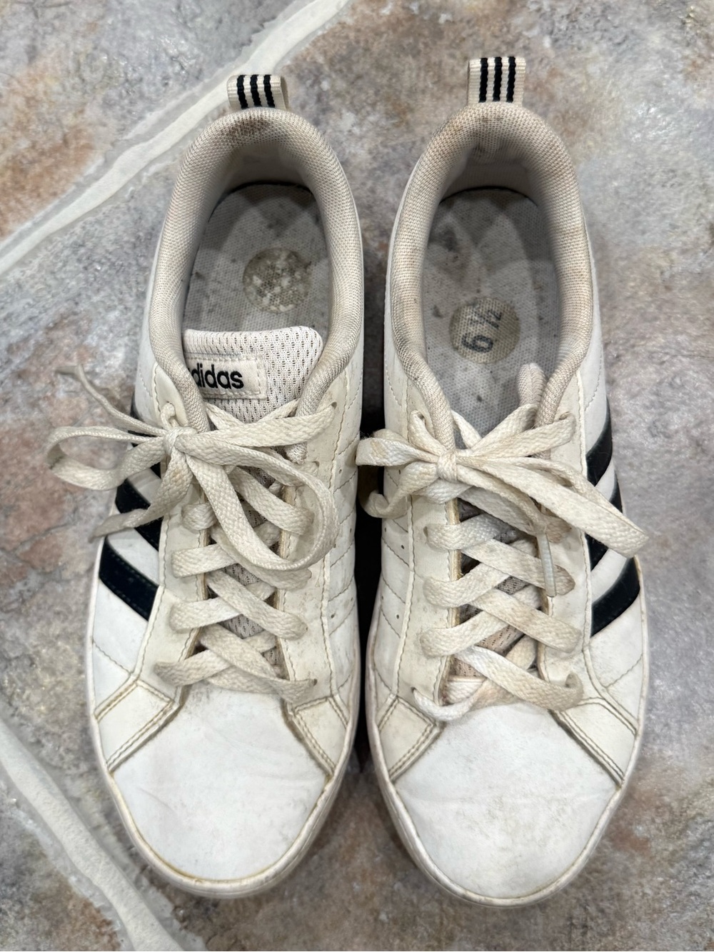 Broken In Adidas White & Black Stripe Sneakers